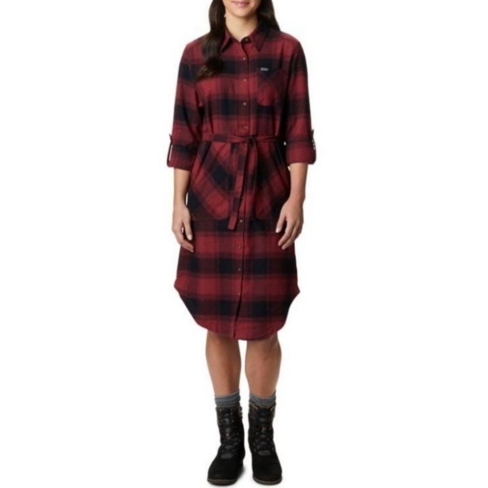 NWT Columbia Buffalo Plaid Pine Street Shirt Dress Long Sleeve Red Black Small S